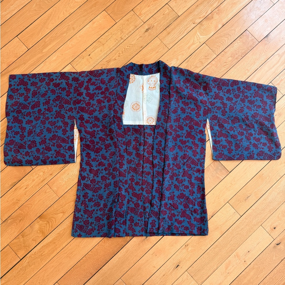 Blue & Burgundy Floral Kimono Jacket